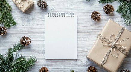 Holiday gifts and a blank notepad placed on a wooden surface decorated with pine branches