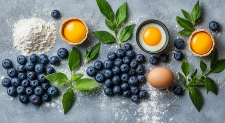 Wall Mural - Fresh blueberries and ingredients for baking surrounded by green leaves and eggs on a flat surface