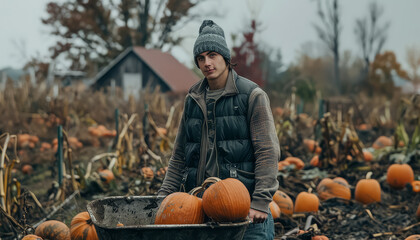 Sticker - A man is holding a wheelbarrow full of pumpkins in a field