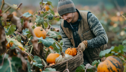 Wall Mural - A man is holding a basket of pumpkins in a field