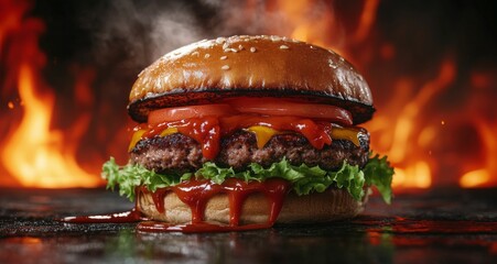 Juicy hamburger with melted cheese and fresh vegetables on a grill with flames in the background