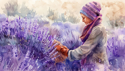 A woman is picking lavender in a field