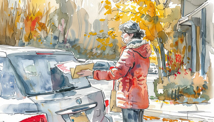 Wall Mural - A woman is standing next to a car and pulling out a piece of mail