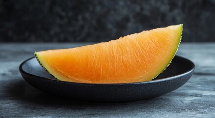 Wall Mural - Fresh melon slice served on a black plate against a textured dark background