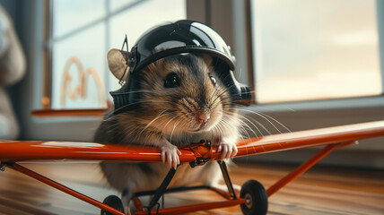 Wall Mural - Pretty fluffy hamster with an airplane, humorous background image of an plane pilot mouse in close-up