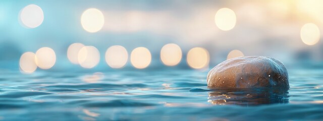 Wall Mural -  A tight shot of a rock submerged in water, surrounded by a hazy backdrop of distant lights