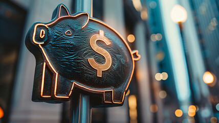 Wall Mural - An indicator with a piggy bank on the background of an urban landscape in daylight