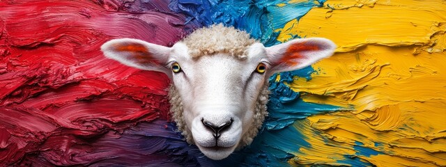  A tight shot of a sheep's face gazing at a multicolored paint-chip wallpaper