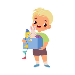 Wall Mural - Boy Character Play Hold Box with Toy Vector Illustration