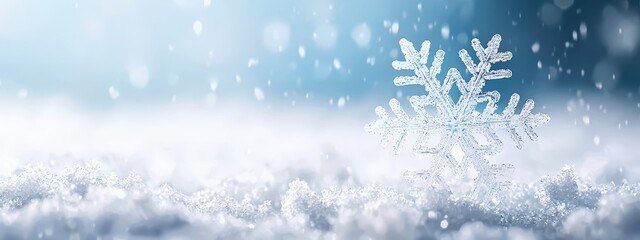 Poster -  A tight shot of a solitary snowflake against a backdrop of blue sky, with smaller snowflakes in the foreground