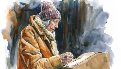 Wall Mural - A woman wearing a purple hat and a brown coat is sitting at a table with a book