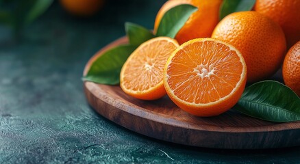 Wall Mural - Fresh oranges on a rustic wooden plate with vibrant green leaves during a well-lit setting