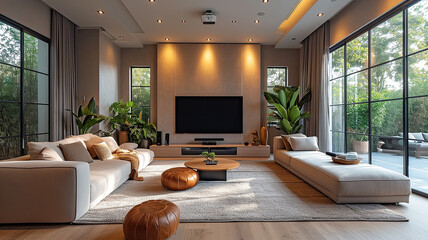 A comfortable light room with a home cinema, a large screen in a modern interior design