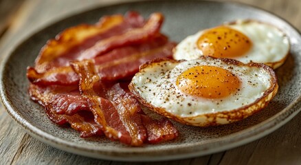 Canvas Print - Delicious breakfast plate featuring crispy bacon and perfectly cooked sunny-side-up eggs