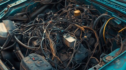 A car engine with rat-chewed wiring is depicted, showing the frayed and broken wires.