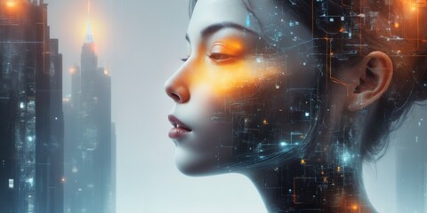 Futuristic Portrait of Woman with Eyes Closed in Urban Cityscape