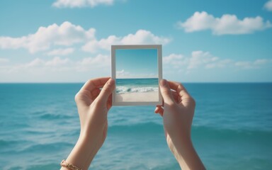 Wall Mural - Hands Holding Polaroid Photo of Beautiful Blue Ocean, Low Angle