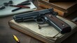 © Generative ART - Closeup of Handgun and School Stationery on Wooden Table, Highlighting Violence and Education Themes