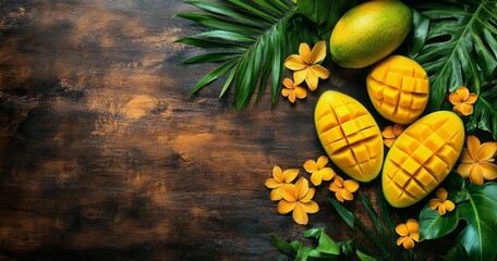 Wall Mural - Fresh mangoes with tropical leaves and flowers arranged on a wooden surface