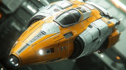 Canvas Print - Futuristic yellow and grey spaceship with a large cockpit window