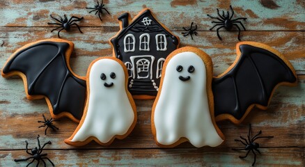 Festive Halloween cookies featuring ghosts, bats, and a spooky house decoration