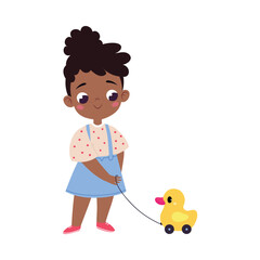 Poster - Girl Character Play Toy Duck Pull with String Vector Illustration