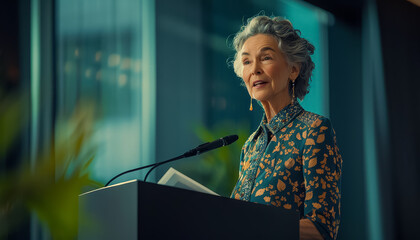 Sticker - A woman is standing in front of a podium with microphones