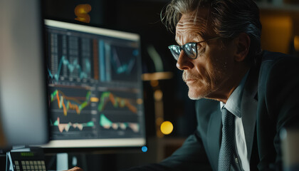 Canvas Print - A man in a suit is looking at a computer screen with graphs on it