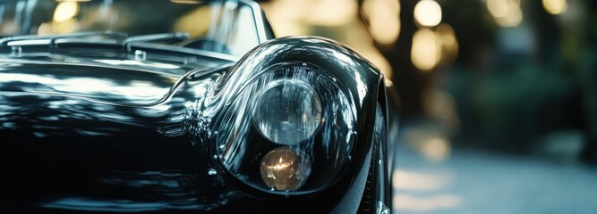 Wall Mural - Close-up of a Black Classic Car Headlight and Fender