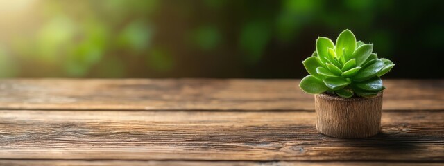 Poster -  A small succulent in a wooden pot before a blurred backdrop on a wooden table