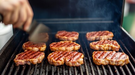 Grilled meat sizzling on a barbecue, showcasing perfectly striped steaks being cooked with smoke and flame.