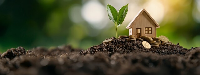 Poster -  A tiny house atop a mound of coins, crowned by a flourishing plant