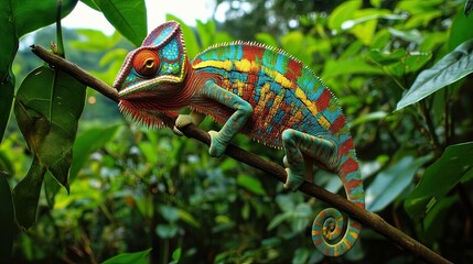 Chameleon morphing into vibrant patterns in a rainforest, highlighting its adaptability and the lush environment.