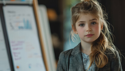 Wall Mural - A young girl is standing in front of a white board with a lot of writing on it