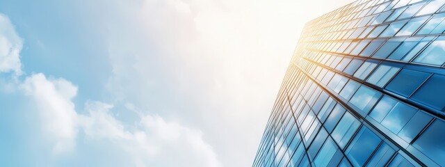 Wall Mural -  A tall building with numerous windows stands against a blue backdrop, its silhouette contrasting with the mid-blue sky dotted with clouds