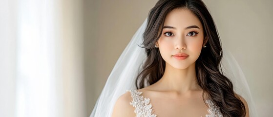 Medium shot of a radiant Southeast Asian bride with soft curls, wearing an intricately beaded wedding dress, light background enhancing her elegance