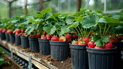 Wall Mural - Greenhouse Bounty: Ripe Red Strawberries Flourish in Potted Garden Rows 