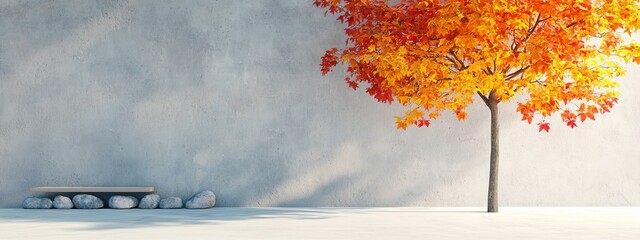 Canvas Print -  A bench situated next to a tree, with a autumn-hued tree facing a wall