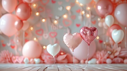 Two Pink Heart-Shaped Balloons with Pink and White Balloons and String Lights in Background