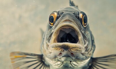 A fish with wide open mouth and big eyes, Surprised, shocked or amazed face front view. 