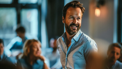 Wall Mural - A man is smiling and looking at the camera in a restaurant