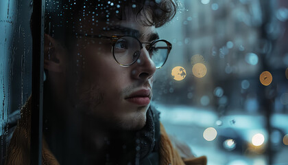 Wall Mural - A man with glasses looking out a window