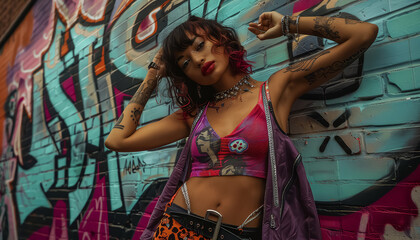 Wall Mural - A woman with red hair and tattoos stands in front of a graffiti wall