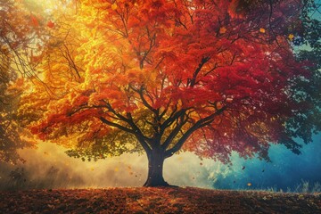 Wall Mural - Sunlight shining through the branches of a maple tree losing its red and yellow leaves in a colorful autumn forest