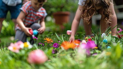 Wall Mural - Children are searching for Easter eggs in a grassy area.