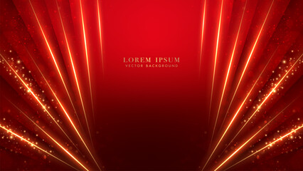 Wall Mural - Red luxury background with diagonal golden lines sparkle glowing effect and bokeh elements