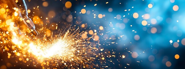 Wall Mural -  A tight shot of a sparkler illuminating the night sky with radiant lights behind it