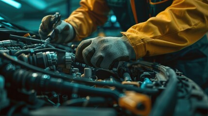 Close up of mechanic hands working on a car engine, a worker in blue gloves repairing and fixing an auto at a modern automotive service center, wearing a red uniform jacket with white stripes.