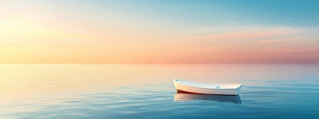 Wall Mural -  A small white boat floats on a tranquil body of water, surrounded by a rosy-pink and baby-blue sky during sunset or sunrise