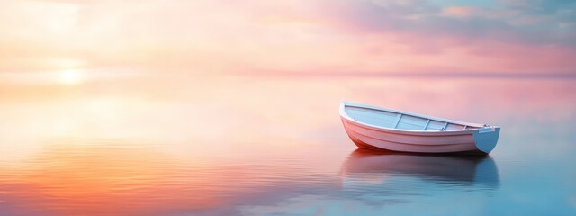 Canvas Print -  A red-and-white boat floats on a body of water, surrounded by a cloudy sky The sun distances itself in the background